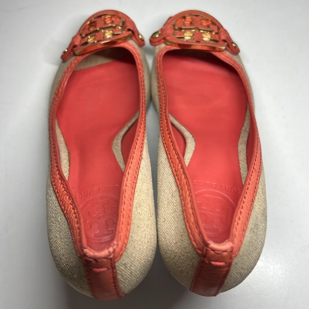 Tory Burch Amanda Off White/Pink Leather And Canvas PepToes Wedges Woman’s 6.5M - Picture 10 of 16